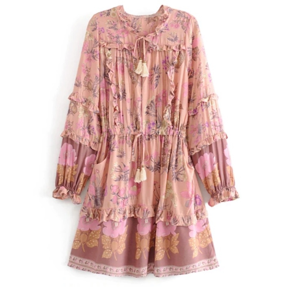 SOLD OUT Boho Gypsy Floral Long Sleeve Ruffle Mini Dress - Picture 5 of 10